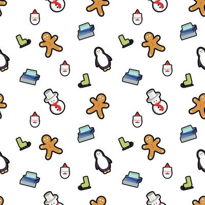 gingerbread man, penguin, gift box, ski skates, Santa Claus head, snow man seamless pattern background. Perfect for winter holiday fabric, giftwrap, scrapbook, greeting cards design projects.