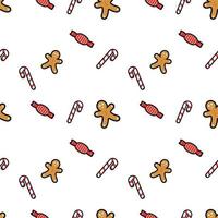 Candy cane, gingerbread man, candy, sweet seamless pattern background. Perfect for winter holiday fabric, giftwrap, scrapbook, greeting cards design projects. vector