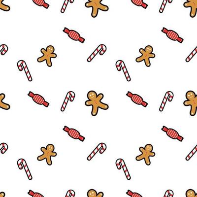 Candy cane, gingerbread man, candy, sweet seamless pattern background. Perfect for winter holiday fabric, giftwrap, scrapbook, greeting cards design projects.