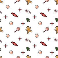 gingerbread man, decorative ball, candy, star, sweet, Christmas tree seamless pattern background. Perfect for winter holiday fabric, giftwrap, scrapbook, greeting cards design projects. vector