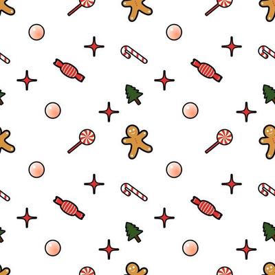 gingerbread man, decorative ball, candy, star, sweet, Christmas tree seamless pattern background. Perfect for winter holiday fabric, giftwrap, scrapbook, greeting cards design projects.