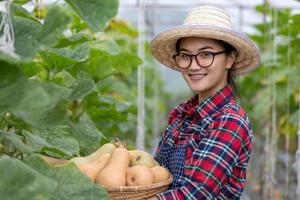 Farming young lady happy with butternut squash harvest in farm.