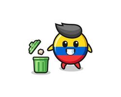 Ilustración de la bandera de colombia tirando basura en el bote de basura vector