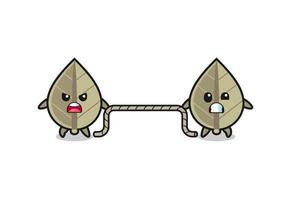 cute dried leaf character is playing tug of war game vector