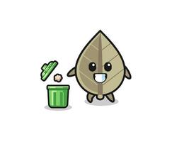 illustration of the dried leaf throwing garbage in the trash can vector