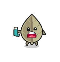 dried leaf mascot having asthma while holding the inhaler vector