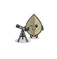 dried leaf astronomer mascot with a modern telescope vector