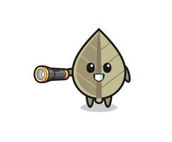 dried leaf mascot holding flashlight vector