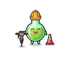 road worker mascot of lab beakers holding drill machine vector