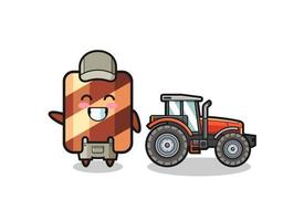 the wafer roll farmer mascot standing beside a tractor vector