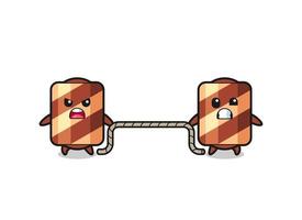 cute wafer roll character is playing tug of war game vector