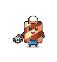 the woodworker wafer roll mascot holding a circular saw vector