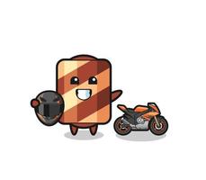 cute wafer roll cartoon as a motorcycle racer vector