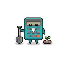 cute calculator cartoon is planting a tree seed vector