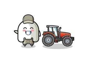 the ghost farmer mascot standing beside a tractor vector