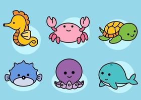 Set Cute Animal Sea Fish Ocean Cartoon Fish, Sea Horse, Crab, Turtle, Puffer, Squid, Octopus, Whale Fish Collection illustration vector