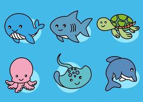 Set Cute Animal Sea Fish Ocean Cartoon Wheel, Shark, Turtle, Squid, Stingray, Dolphin Collection illustration