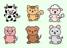 Cute Animal Set Cow, Pig, Dog, Cat, Mouse, Sheep Line Art cartoon vector
