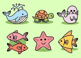 establecer lindo animal mar pescado océano dibujos animados pescado, focas, estrella de mar, tortuga, pingüino, ilustración de colección de peces vector