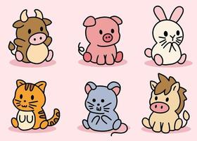 Cute Animal Set Cow, Pig, Rabbit, Cat, Mouse, Horse Line Art cartoon vector