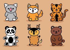 Cute Animal Set Koala, Deer, Bear, Tiger, Dog, Panda Line Art cartoon vector