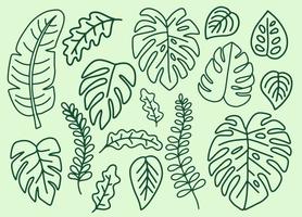 Green leaf leaves monstera design element set Outline Style illustration vector