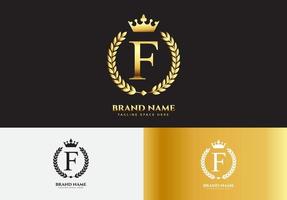 letra f, oro, lujo, corona, logotipo, concepto vector