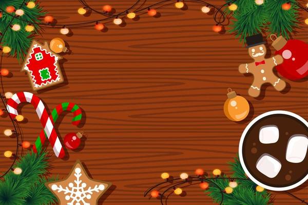 christmas food background with gingerbread, candy cane and hot chocolate