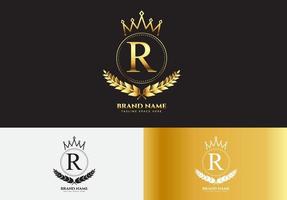 letra r, oro, lujo, corona, logotipo, concepto vector