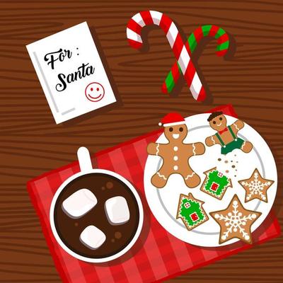 christmas food background with gingerbread, candy cane and hot chocolate