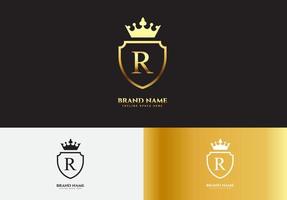 letra r, oro, lujo, corona, logotipo, concepto vector
