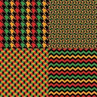 Vector seamless kwanzaa pattern set with colored print and geomerrical seamless and cage pattern. Bright print on black background. Scottish checkered background. Seamless fabric texture.