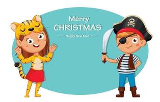 Boy in pirate costume and girl in costume of tiger vector