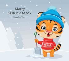 Feliz Navidad. tigre de personaje de dibujos animados lindo vector