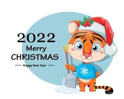 Merry Christmas. Cute tiger in holding snow shovel vector