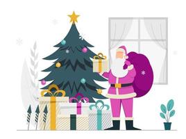 Santa Claus with presents near Christmas tree. vector