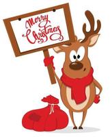 Merry Christmas greeting card with funny reindeer standing near bag with presents and holding placard with greetings.