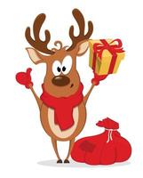 Merry Christmas greeting card with funny reindeer standing near bag with presents and holding gift box. vector