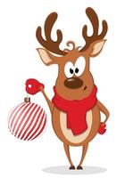 Merry Christmas greeting card with funny reindeer holding Christmas tree toy. vector