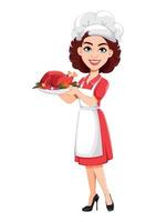 Chef woman holding fried turkey. Cook lady vector