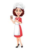 chef mujer tomando un café. cocinera vector