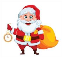 Cheerful Santa Claus holding pocket clock vector