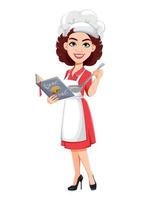 Chef woman holding cook book. Cook lady vector