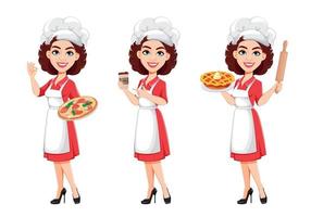 Chef woman, set of three poses. Cook lady