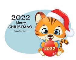 Cute tiger cub holding Christmas tree ball vector