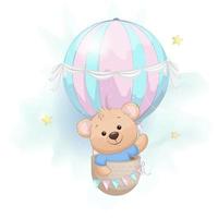 Cute bear flying on air balloon. Adorable bear vector