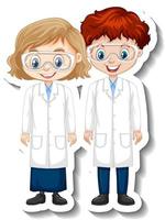 Pegatina de personaje de dibujos animados con una pareja de científicos en bata de ciencia vector