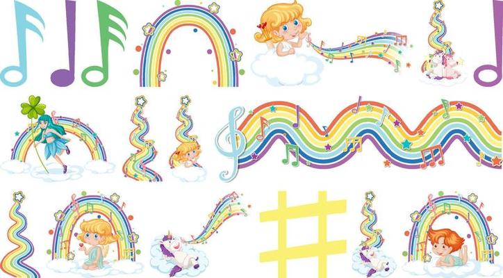 Set of fantasy fairies and cupids with rainbow elements