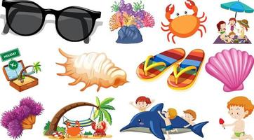 conjunto de objetos de playa de verano y personajes de dibujos animados vector