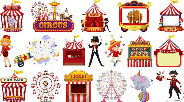 Set of circus characters and amusement park elements